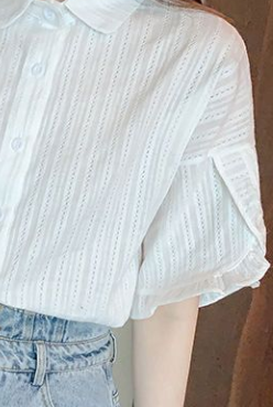 立体縦リブ フリルスリーブ ゆったりシャツ