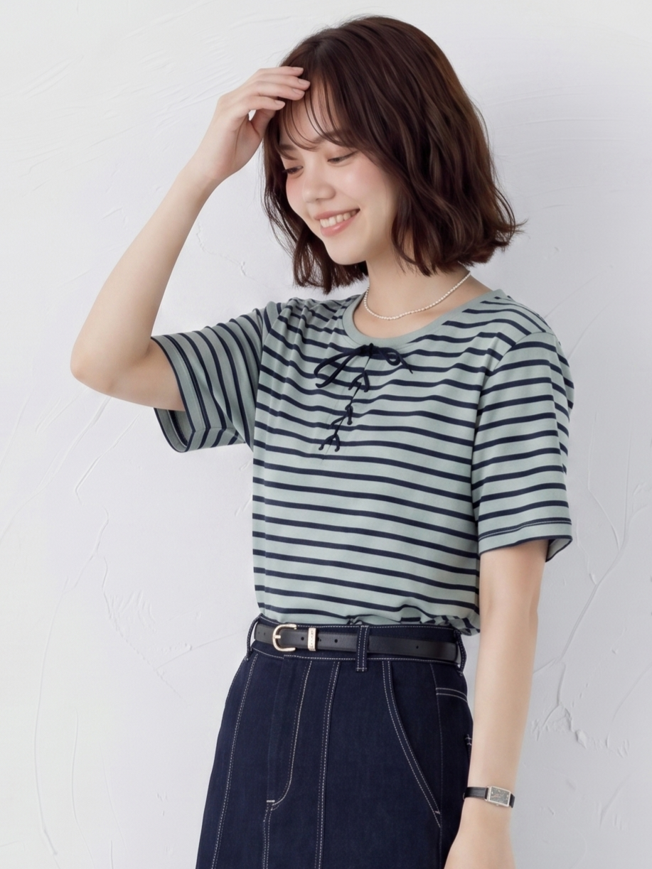 ボーダー リボン付き クルーネック 半袖Tシャツ