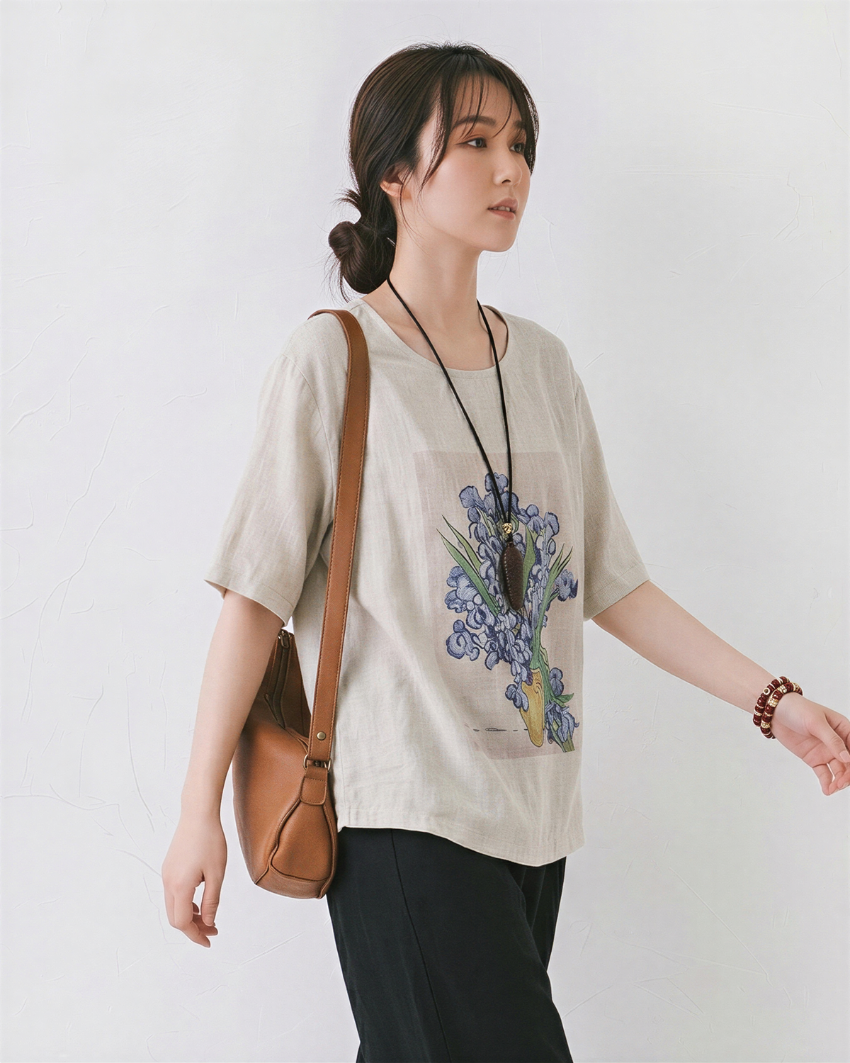 グレー クルーネック フラワープリント ゆったり 半袖Tシャツ