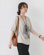 グレー クルーネック フラワープリント ゆったり 半袖Tシャツ