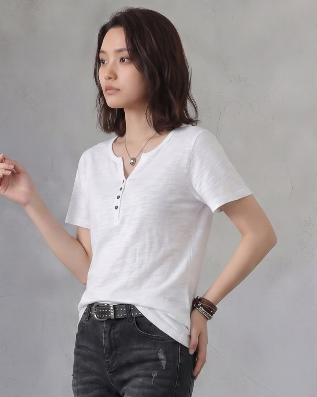 深V前立てボタン付き すっきり細見え 半袖Tシャツ
