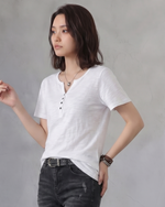 深V前立てボタン付き すっきり細見え 半袖Tシャツ