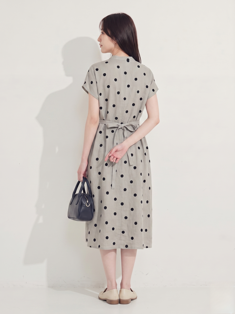 シルバーグレー カシュクールVネック ウエストマーク ドットワンピース