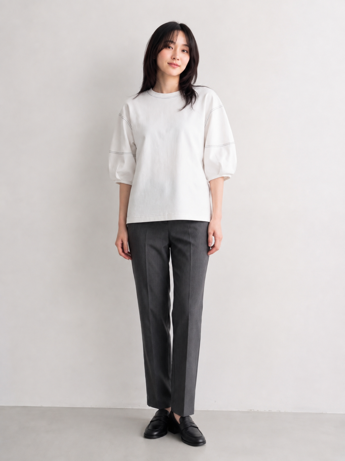 【全2色】M~XL 配色ステッチ パフスリーブスウェット