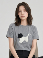 コットン素材、ネコ！子猫刺繍半袖Tシャツデザイン感ゆったりトップス