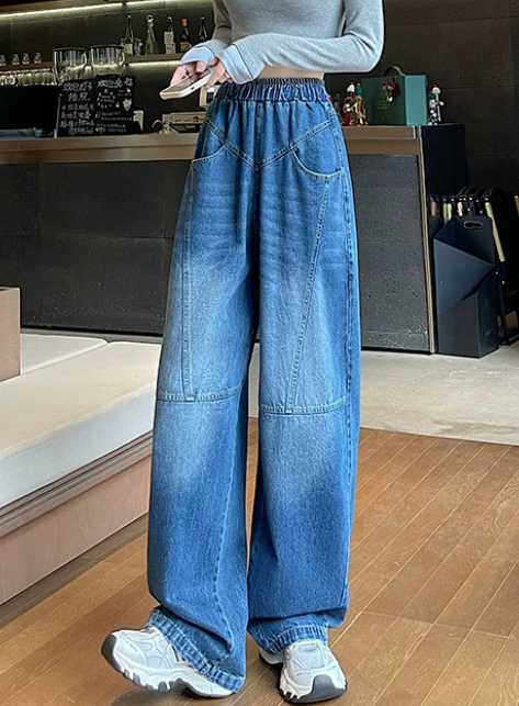ウエストゴム ハイウエスト 切り替えワイドデニムパンツ