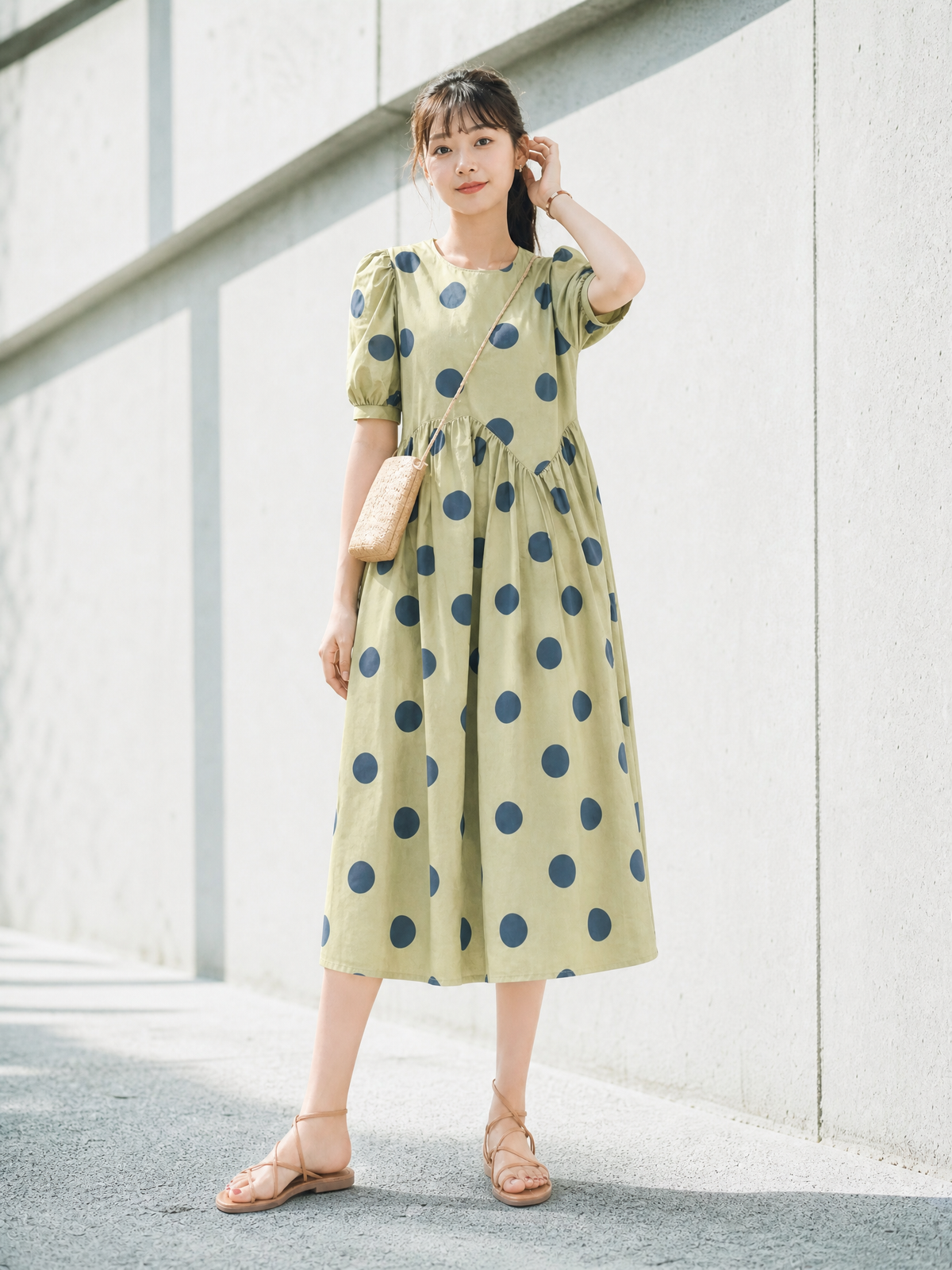 XS~XL ライトグリーン 大きめドット パフスリーブ ウエストシェイプワンピース