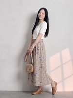 小花柄 リボン付き ウエストゴム Aライン スカート