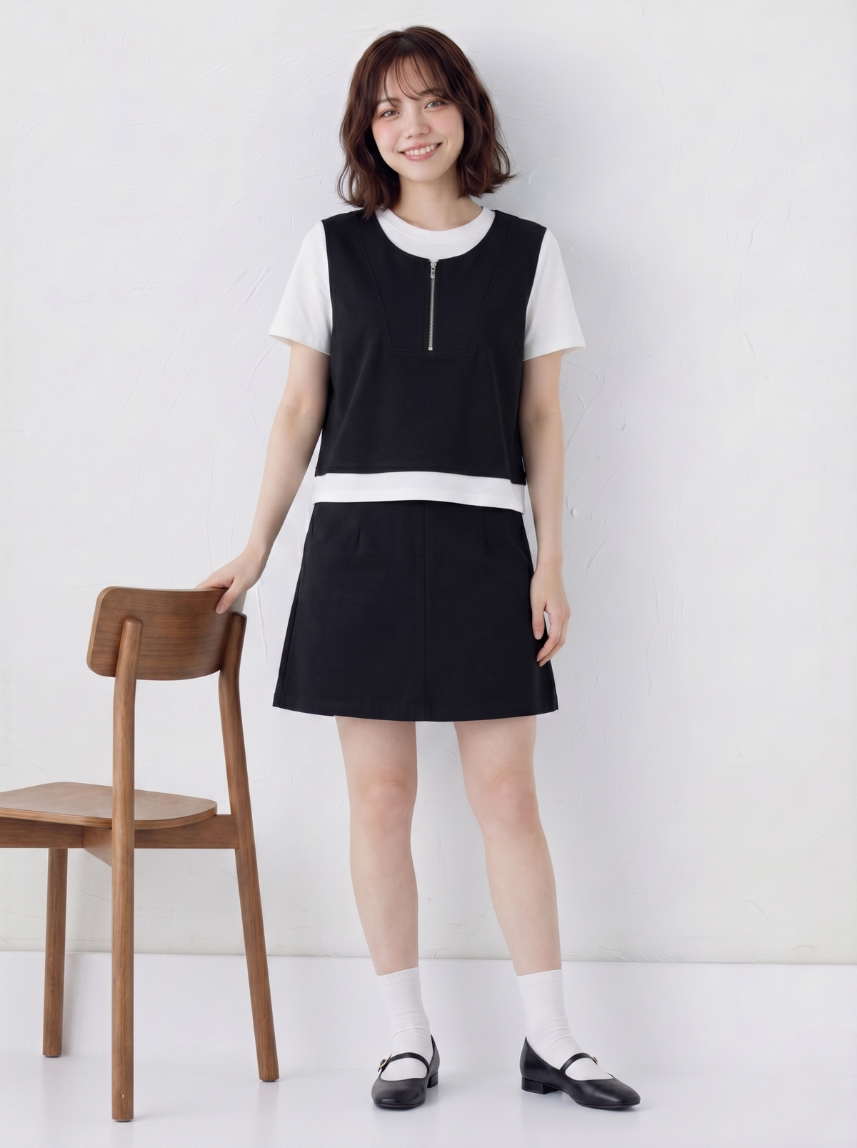 配色切り替えファスナー付きフェイクレイヤード半袖Tシャツ