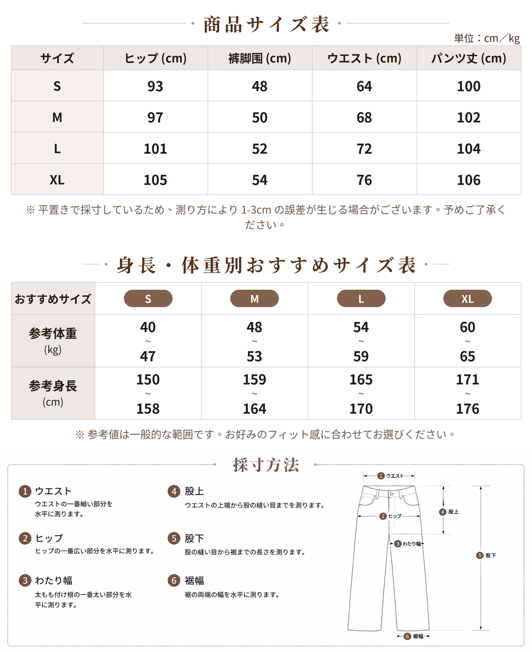 S~XL ハイウエスト ワイドシルエット デニムパンツ size chart 1