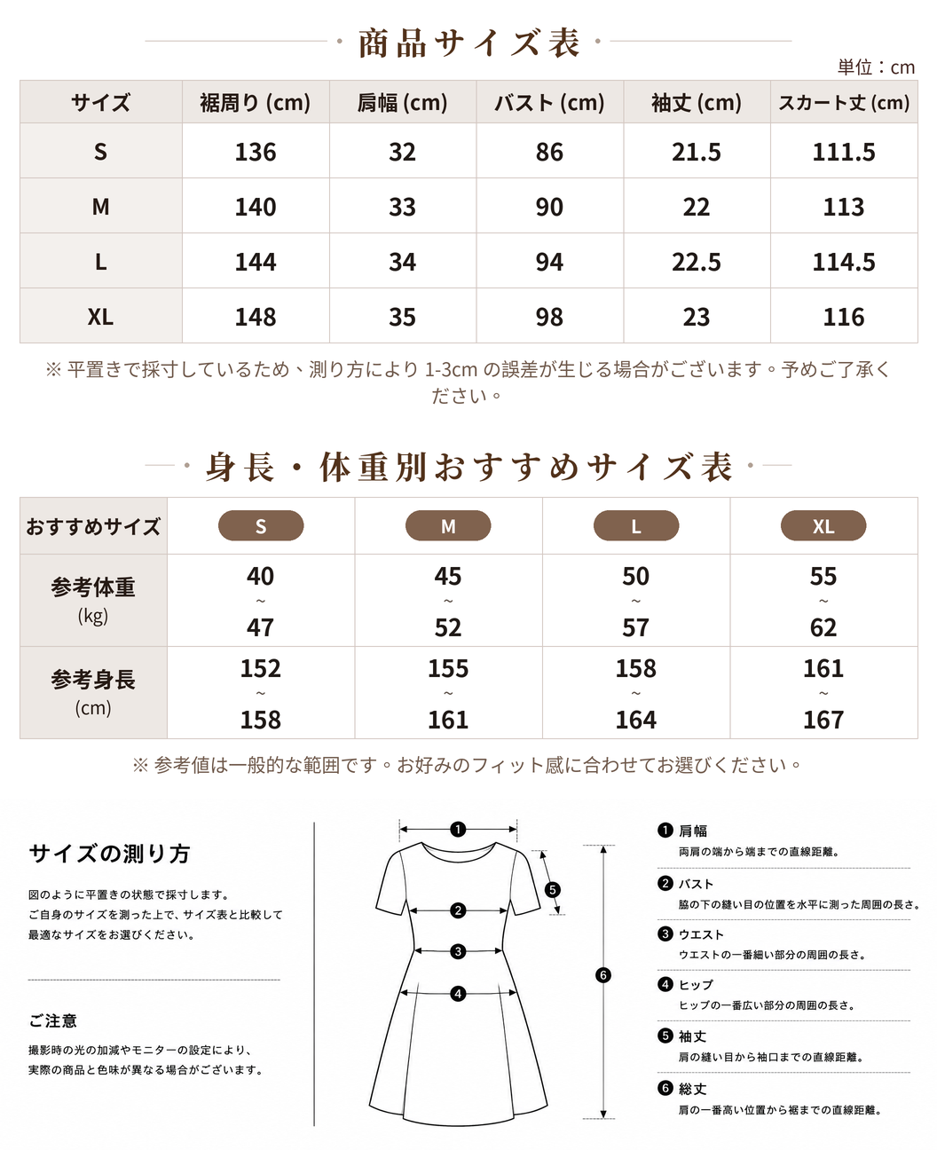 S~XL Vネック ウエストシェイプ ギャザー パフスリーブ 花柄ワンピース size chart 1