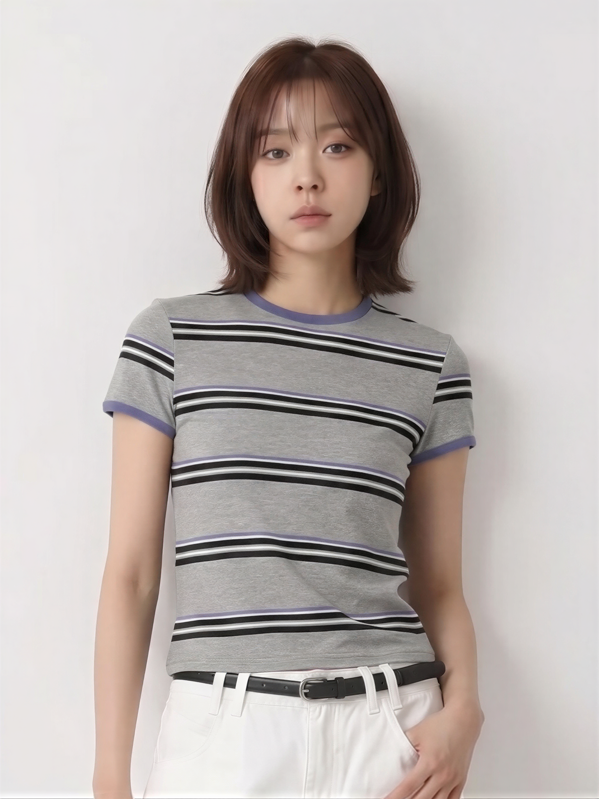 ライトグレー ストライプ 配色パイピング スリムフィット 半袖Tシャツ