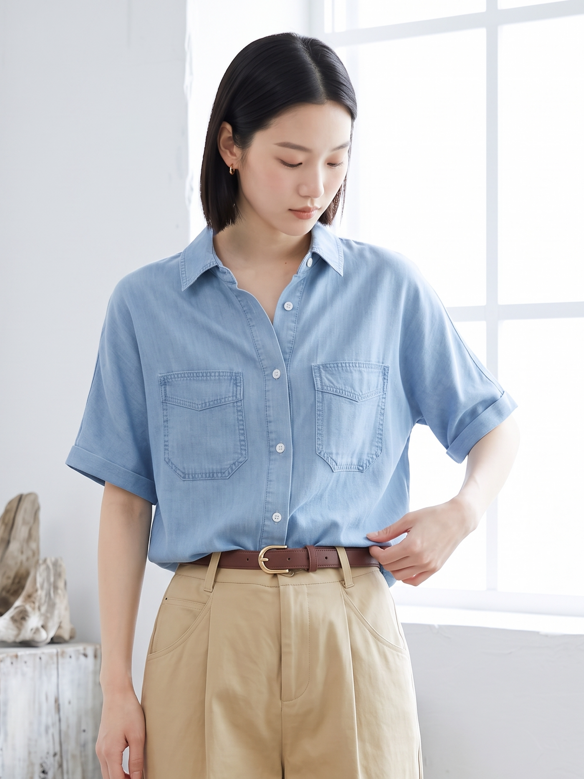 M~2XL ブルー ルーズフィット オープンカラー ダブルポケットシャツ