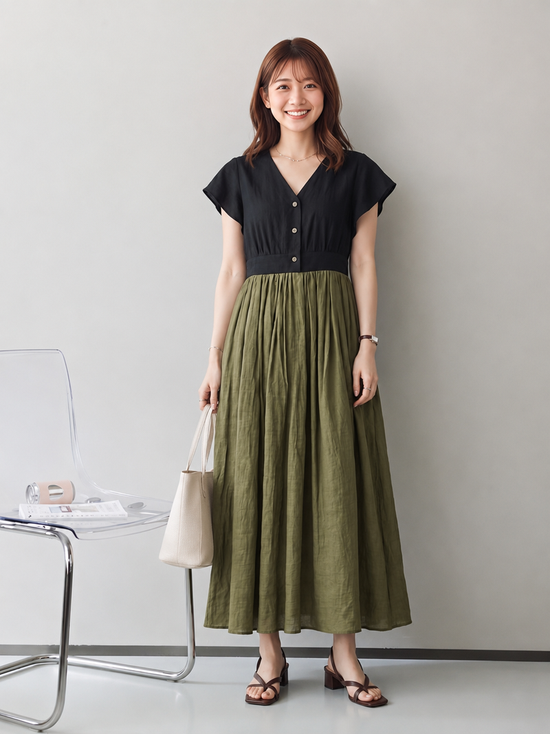 S~L ウエストシェイプ切り替えフレアスリーブVネックワンピース