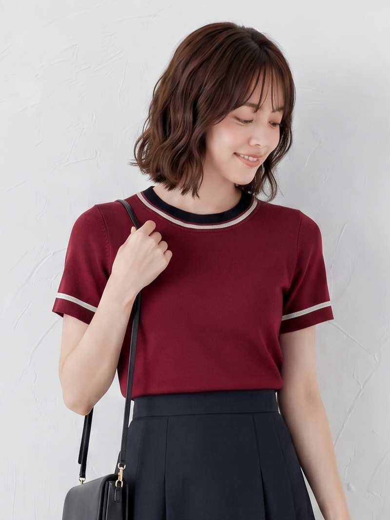 涼しげでゆるく締まらない半袖ニットレトロな赤トップス