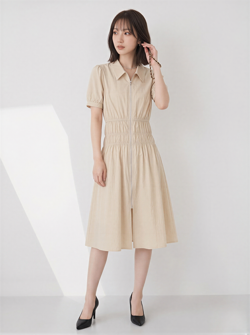 フロントジップ ウエストシェイプ パフスリーブ シャツワンピース