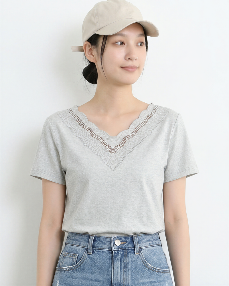 カットワークレースVネック 半袖ストレートTシャツ