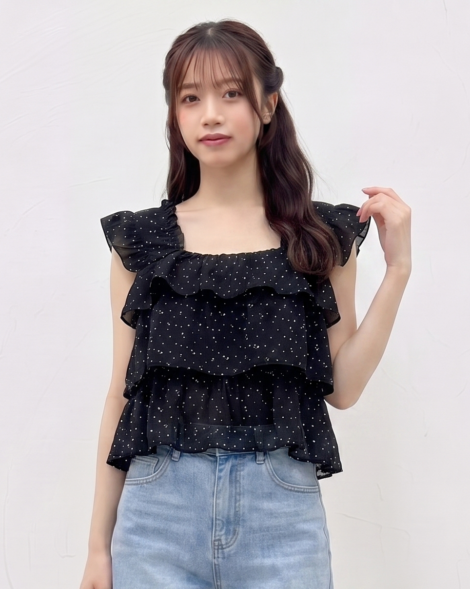 ラッフルフリルスリーブ スクエアネック レイヤードシャツ