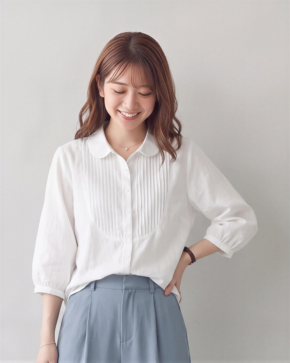 【全3色】M~2XL 七分袖ラミーシャツ｜フレンチピンタック ナチュラルレトロなゆったりコットンリネントップス