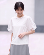 パール風襟飾り チュールフリルスリーブ ゆったり半袖Tシャツ