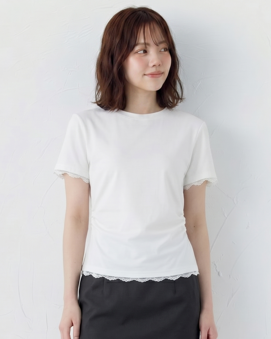 バックオープン リボン結び レース切替 クルーネック 半袖Tシャツ