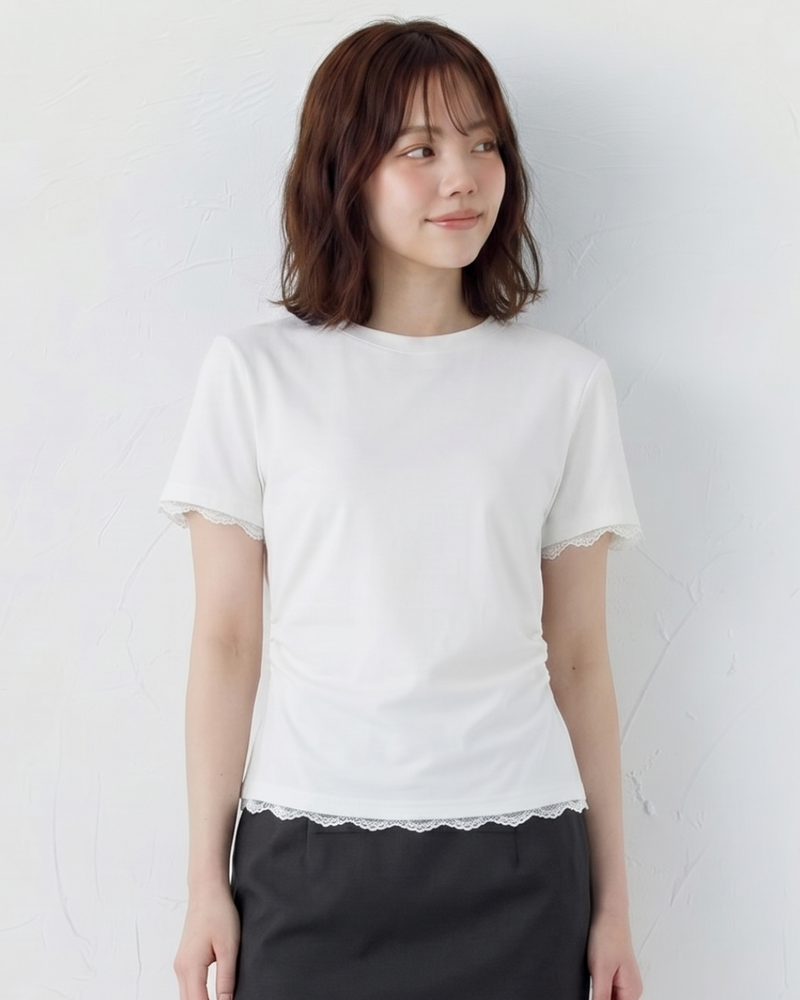 バックオープン リボン結び レース切替 クルーネック 半袖Tシャツ
