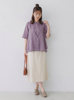 M-2XL Vネック切替ライン レイヤード風（フェイク2ピース）シャツ