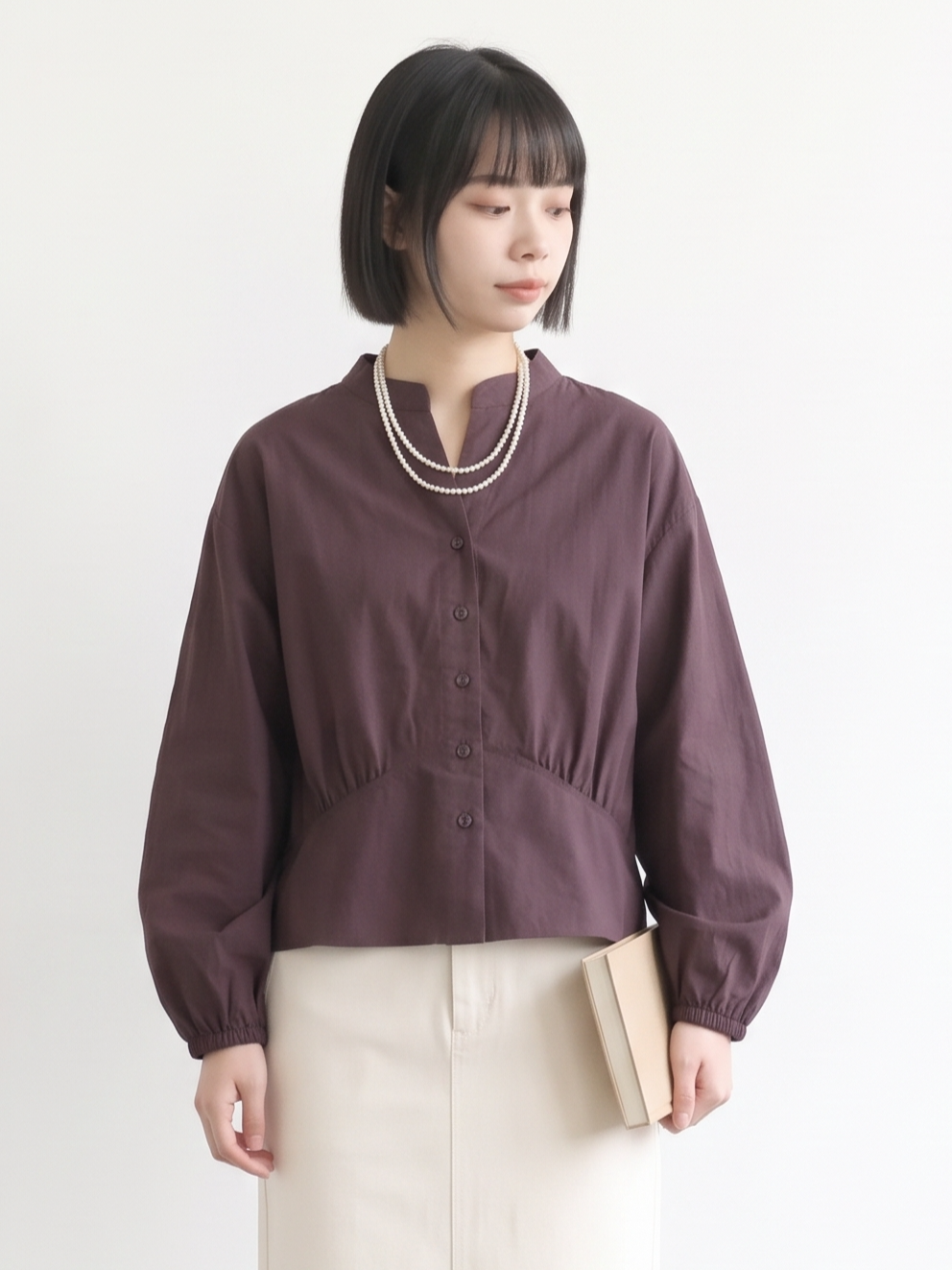 S~XL スタンドカラー ウエストシェイプ バルーンスリーブブラウス