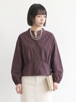 S~XL スタンドカラー ウエストシェイプ バルーンスリーブブラウス
