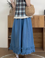 ウエストゴム ハイウエスト 切替ステッチ フリル裾 ワイドパンツ