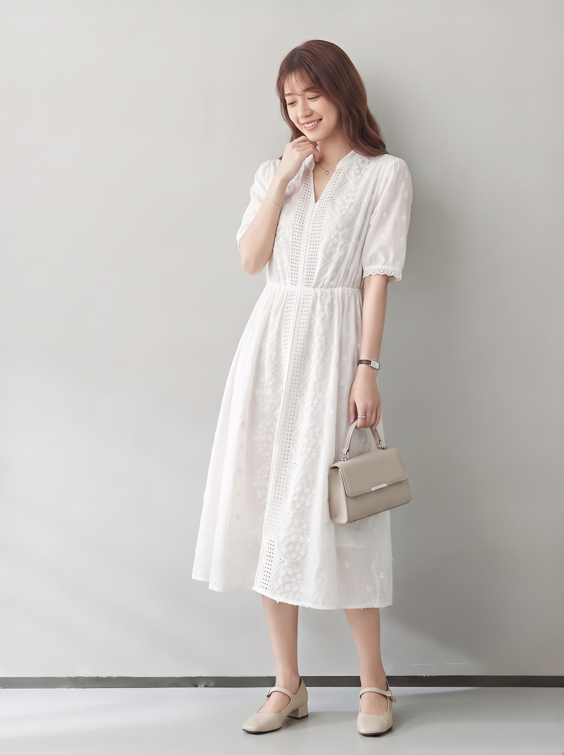 S~XL 刺繍カットワーク ウエストシェイプ Vネックワンピース
