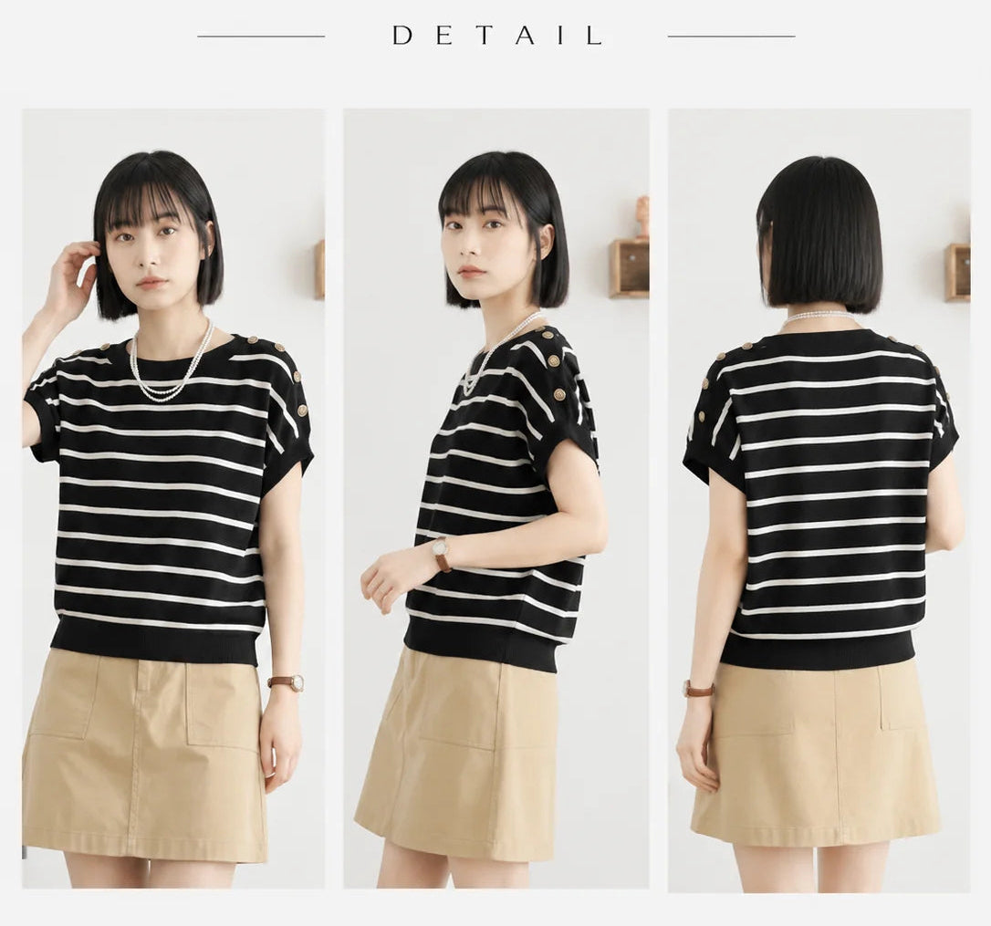 「全2色」S~XL 配色ステッチ ボーダー ボートネック ドロップショルダー 半袖ニット