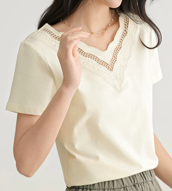 カットワークレースVネック 半袖ストレートTシャツ