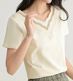 カットワークレースVネック 半袖ストレートTシャツ