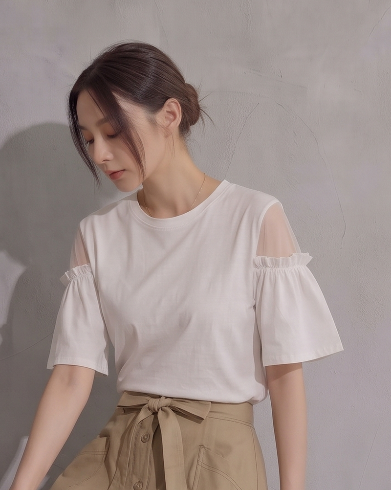 オフショルダー切替 フリルスリーブ ゆったり半袖Tシャツ