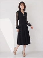 【秋新作】M~5XL Vネック ウエストマーク チュールスリーブ レースワンピース