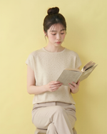 小さめラウンドネック ラメ調ジャカード ドルマンスリーブ ニット半袖Tシャツ