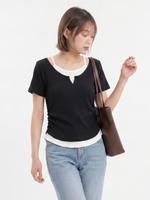 サイドギャザー切り替えネック フェイクレイヤードTシャツ