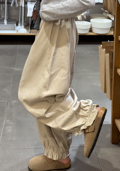 ハイウエスト ドローストリング 立体切替 ジョガー風ワイドパンツ