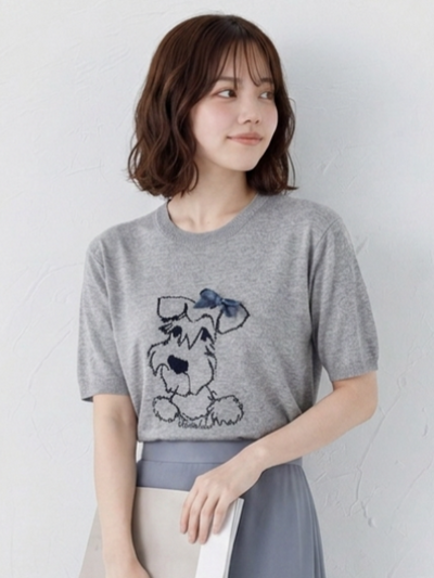 萌えおもしろ子犬刺繍！柔らか肌触りグレー半袖デザイン感ラウンドネックゆったりトップス