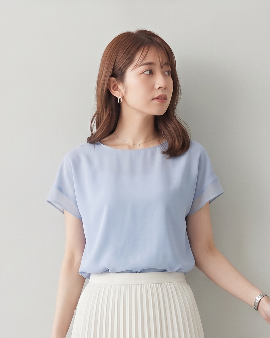 ライトブルー クルーネック 切替 半袖 シフォンブラウス