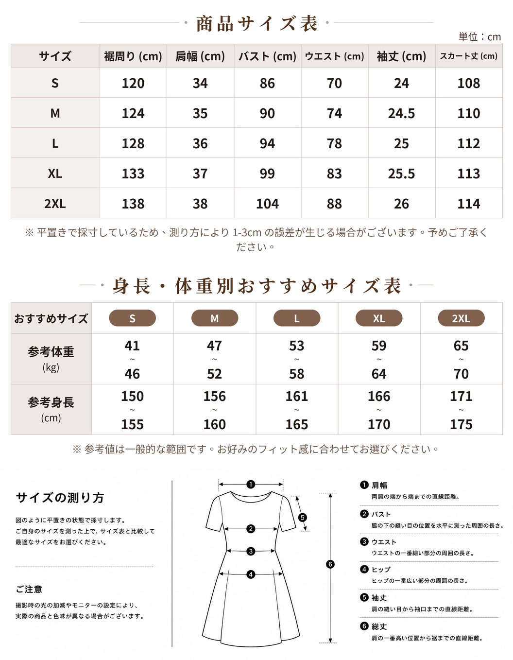 S~2XL Vネック ウエストシェイプ バックスリット 小花柄ワンピース size chart 1