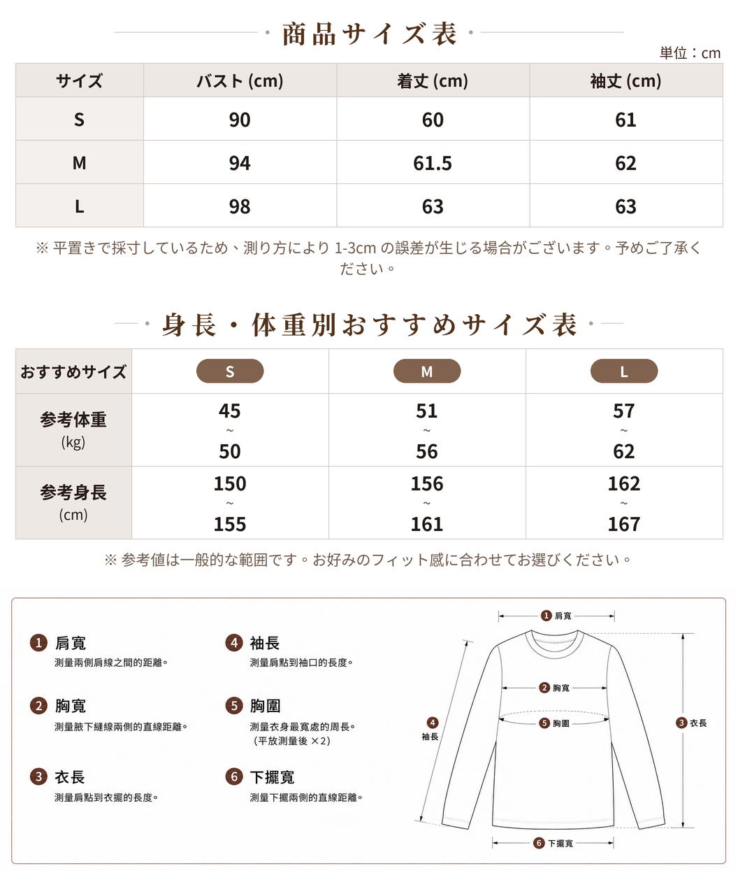 【秋新作】S~L スモールVスリットネック スリムフィット長袖Tシャツ size chart 1