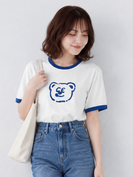 配色パイピング カートゥーンプリントTシャツ