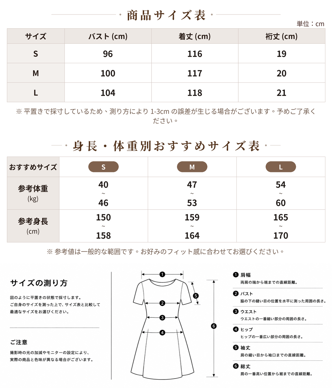 S~L ウエストシェイプ切り替えフレアスリーブVネックワンピース size chart 1
