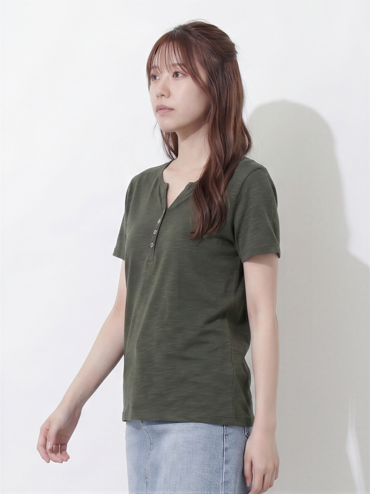 深V前立てボタン付き すっきり細見え 半袖Tシャツ