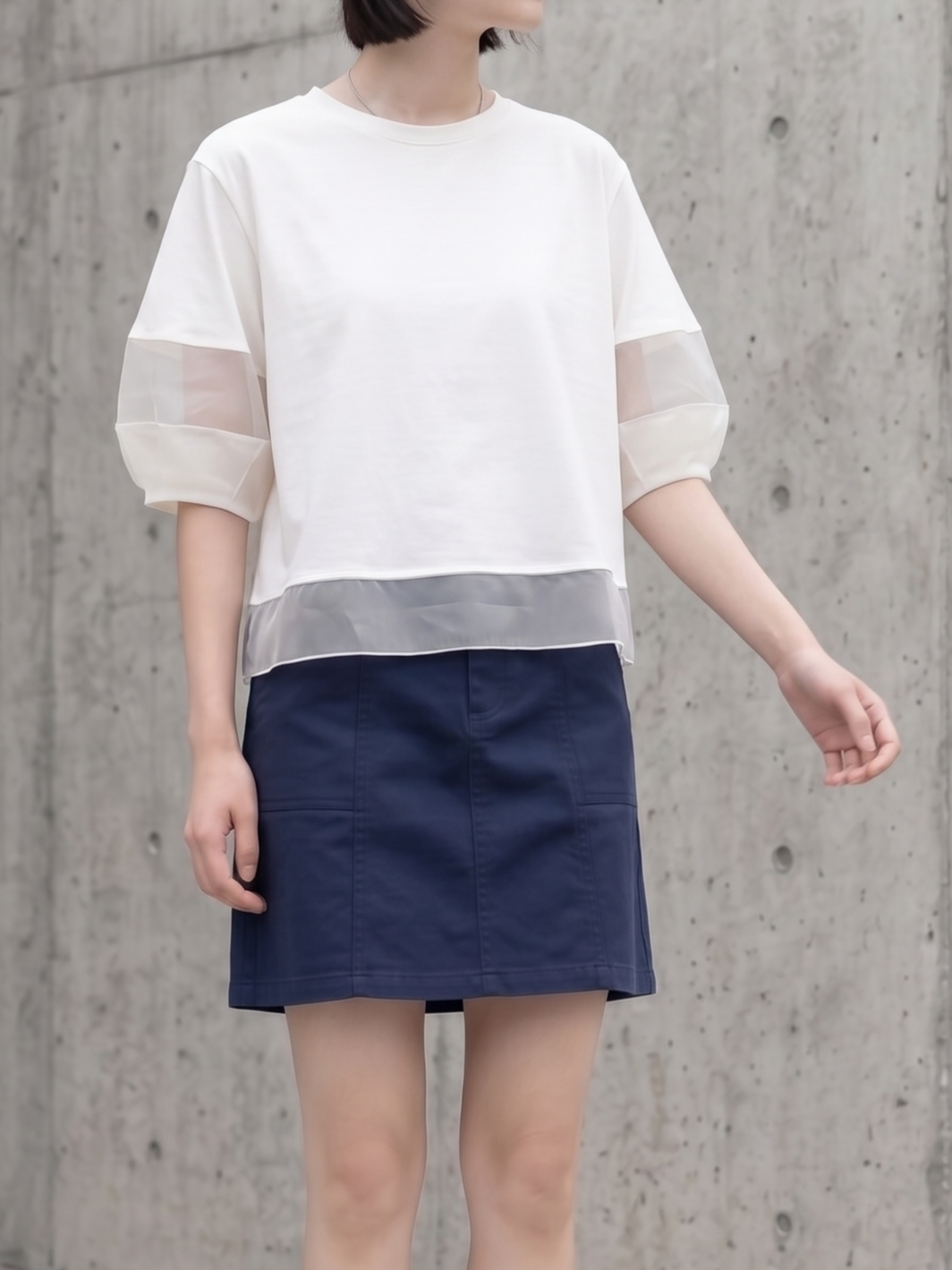 オーガンジー切り替えパフスリーブTシャツ