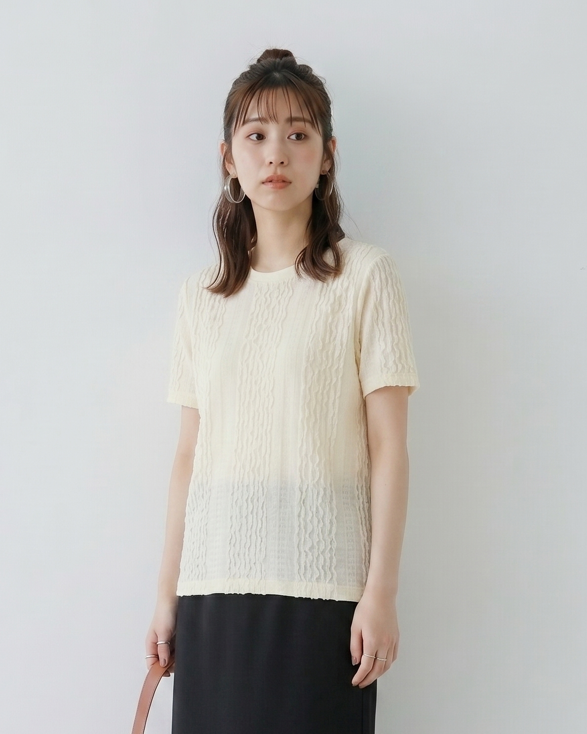 立体プリーツテクスチャー クルーネック スリムフィット 半袖Tシャツ