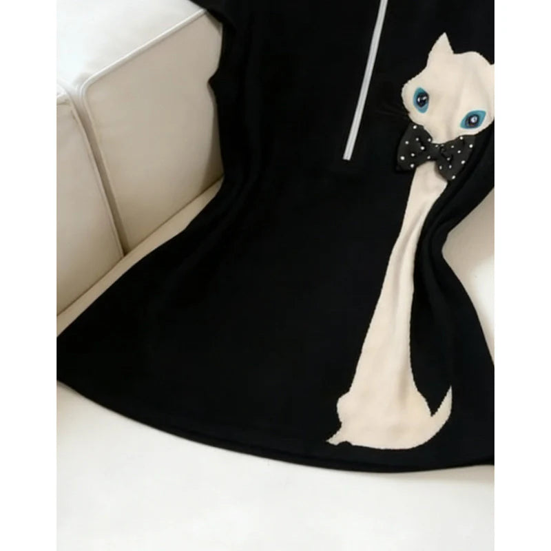 ハーフジップ スタンドカラー フリル袖 猫モチーフ 半袖Tシャツ