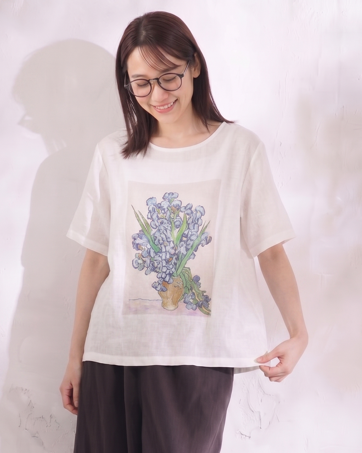ゆったりカジュアルクルーネックフラワープリント半袖Tシャツ